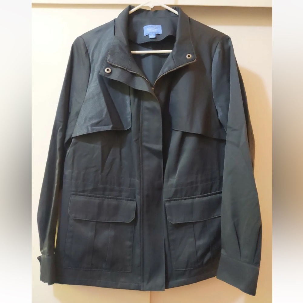 ~Vera Wang Simply Vera~Satin Feel. Jacket Trench Coat Womens Size Med Dark Blue